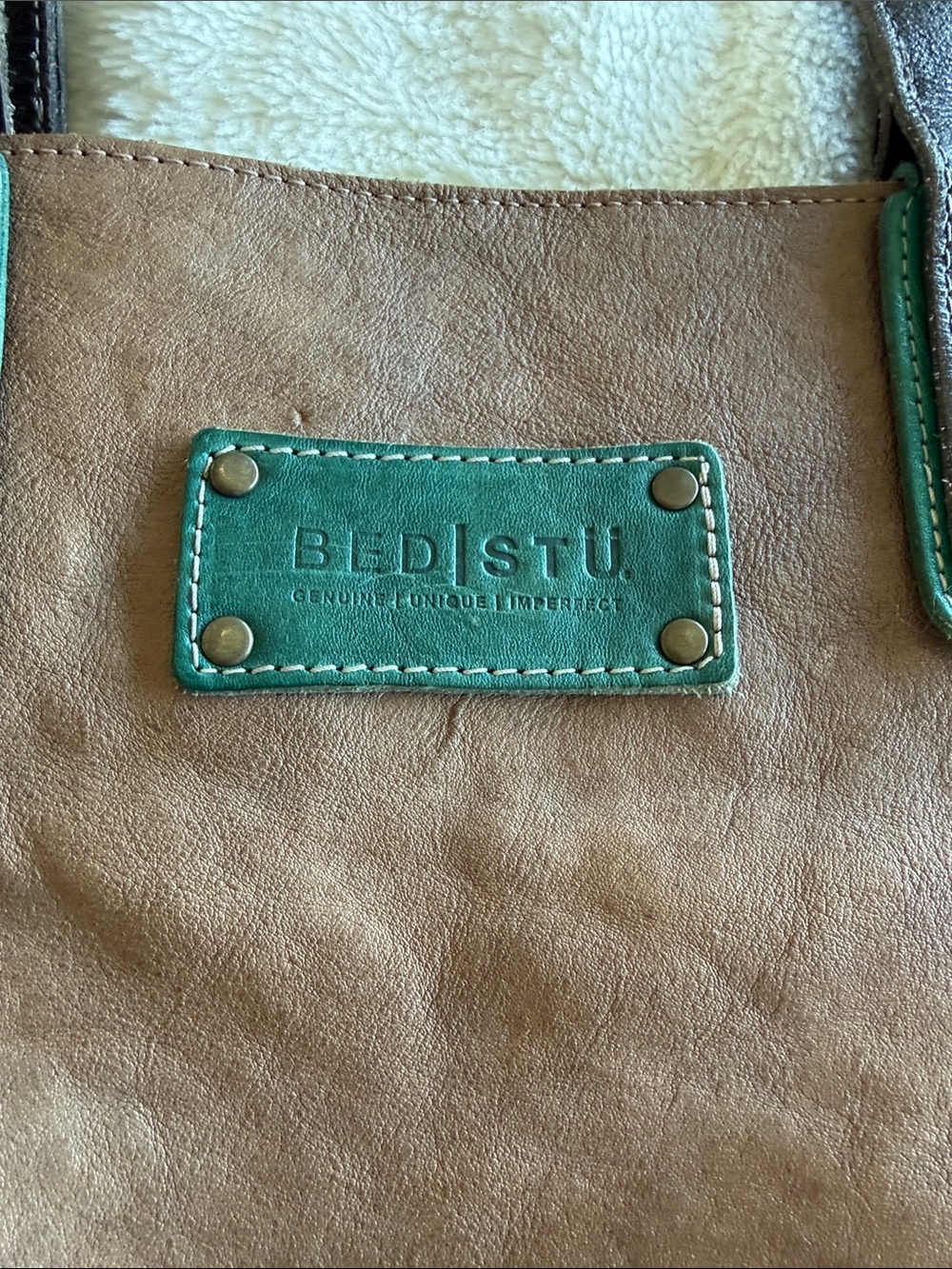 BED|STU Brown Leather Tote with Dark Brown Straps and Green Trim - Picture 2 of 7
